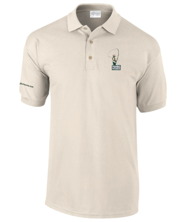 Front view of Polo Shirt in sand from Fishing For Heroes